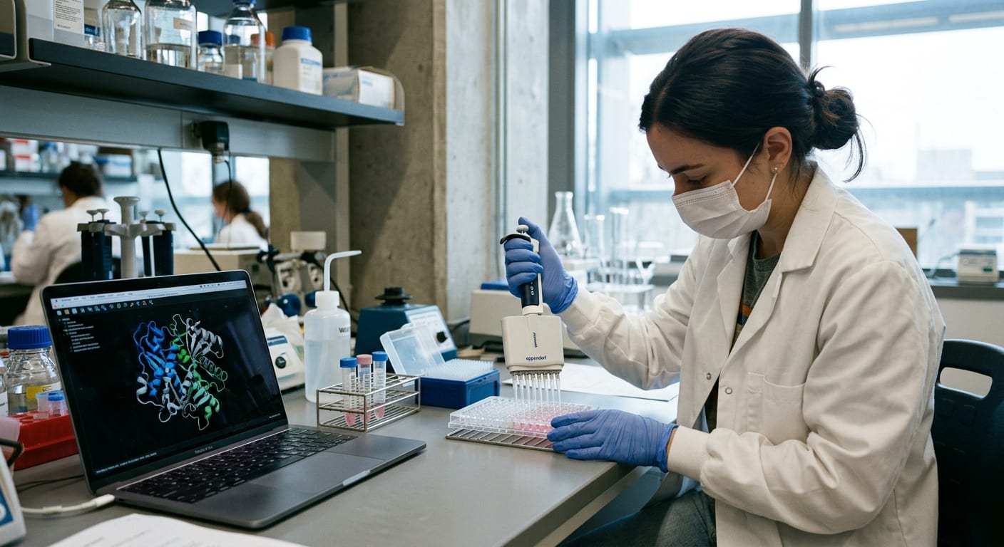 A scientist pipettes samples into a well plate beside a laptop showing a protein structure