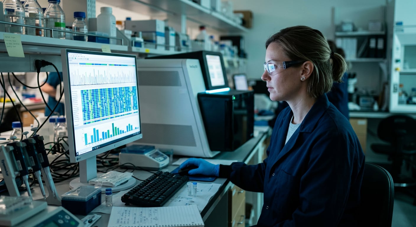 A scientist in safety glasses reviews sequencing data and heat maps on a monitor beside laboratory instruments