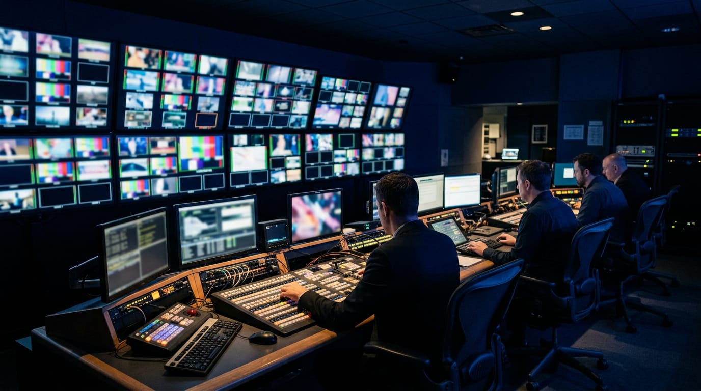 Operators work a live broadcast control room with a wall of monitors in deep blue light