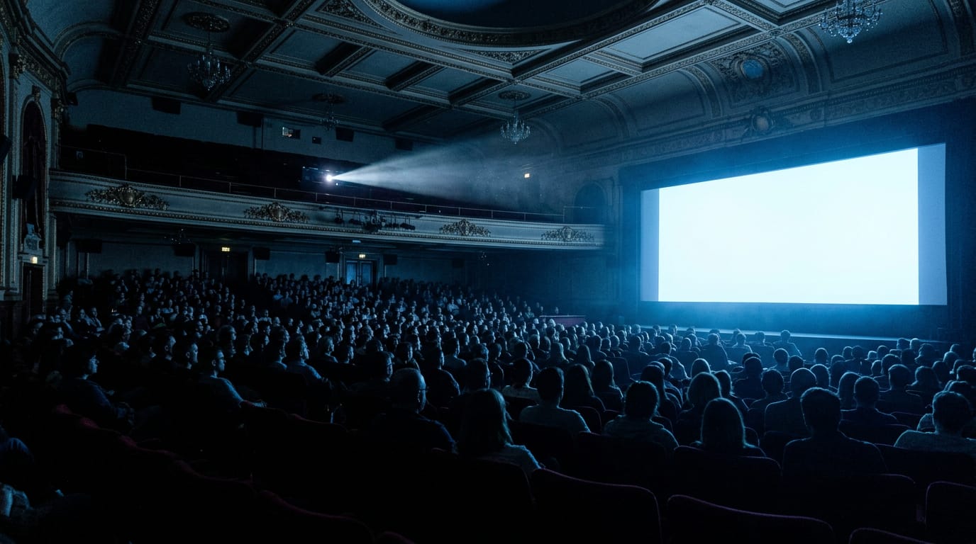 A packed classic movie theatre seen from the back rows, the audience facing a glowing screen through a projector beam