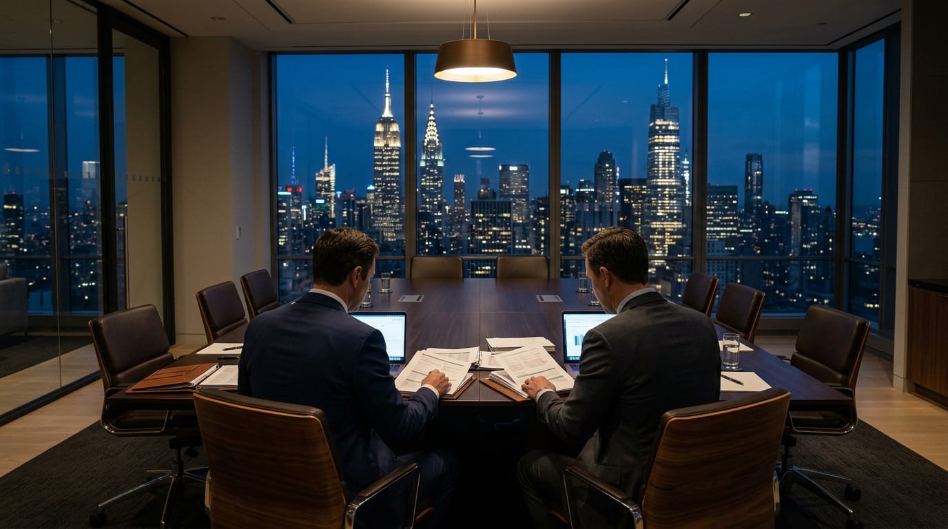 Two executives review documents across a long boardroom table above the Manhattan skyline at night