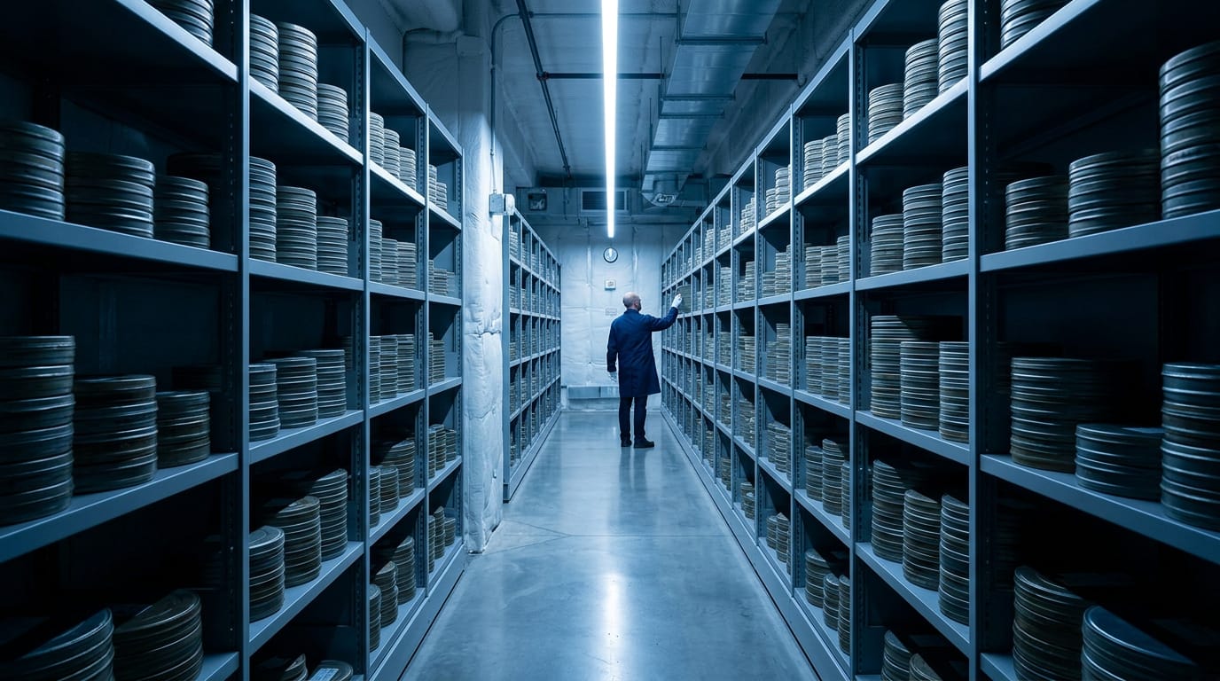 An archivist walks down a long, cool-lit vault lined floor to ceiling with film canisters