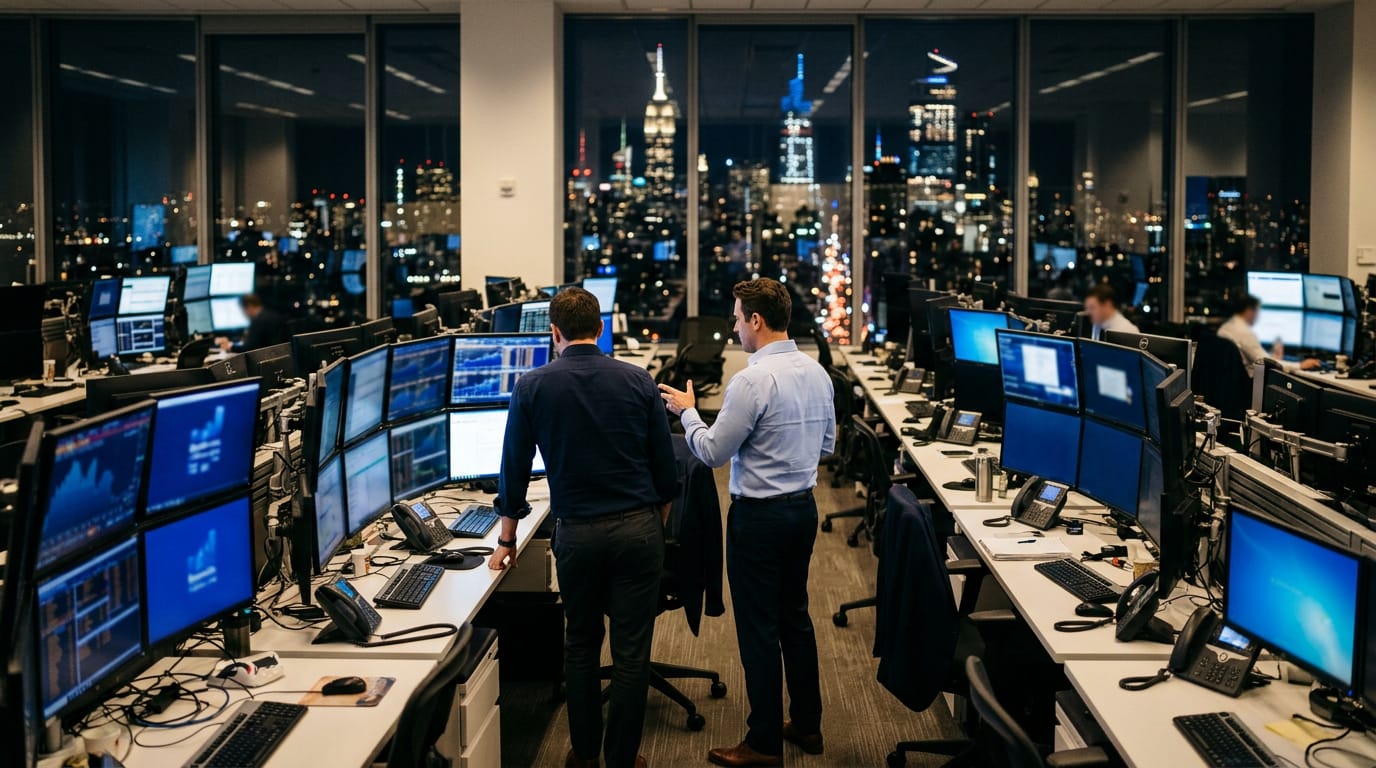 Two bankers confer on a debt capital markets trading floor in New York at night, surrounded by blue monitors