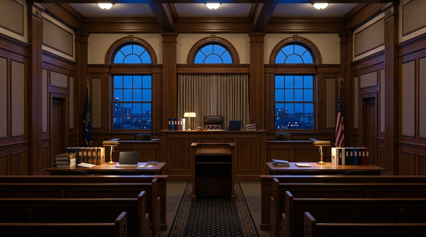 An empty wood-panelled federal courtroom at dusk, with arched windows above the judge's bench