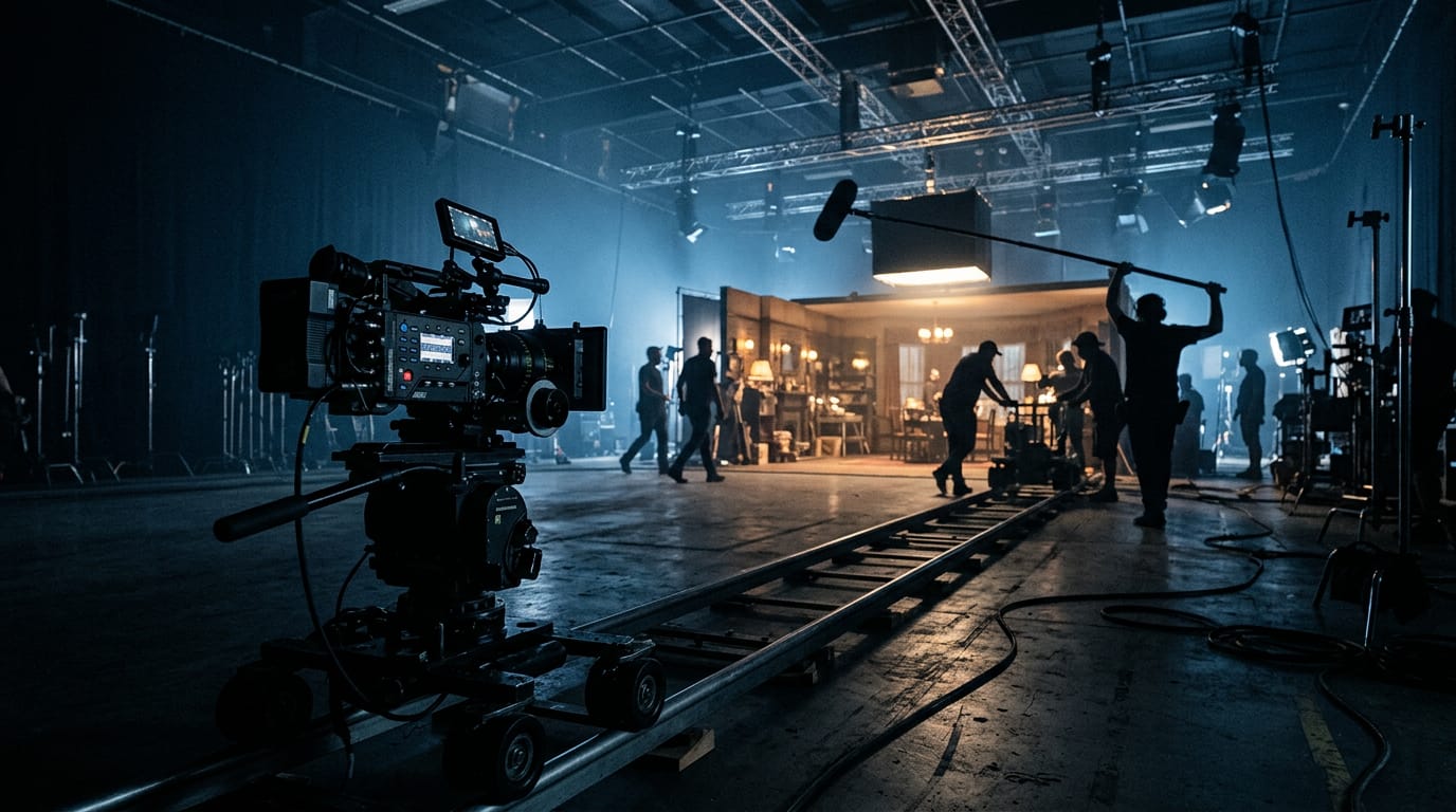 A film crew sets up a camera on a dolly track inside a dark sound stage lit in blue