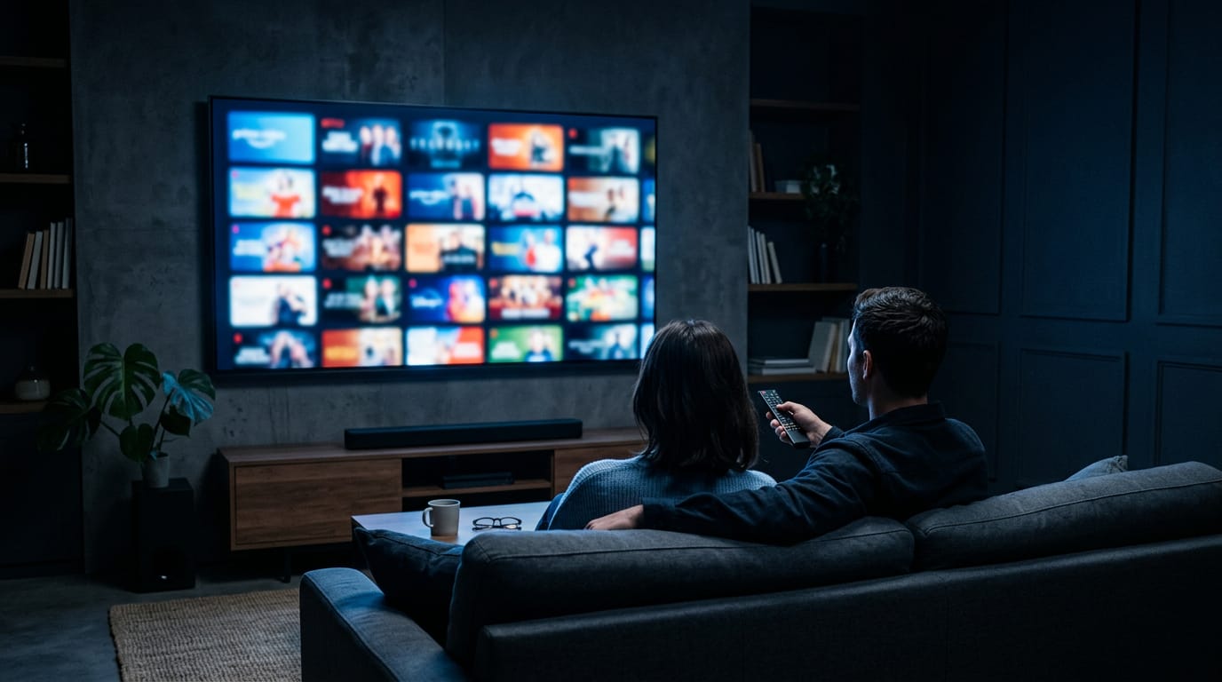 A couple on a sofa browse a wall-mounted television showing a grid of streaming titles in a dark living room