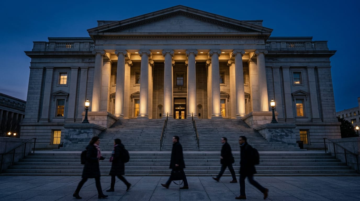 People walk up the steps of a columned federal building in Washington at dusk