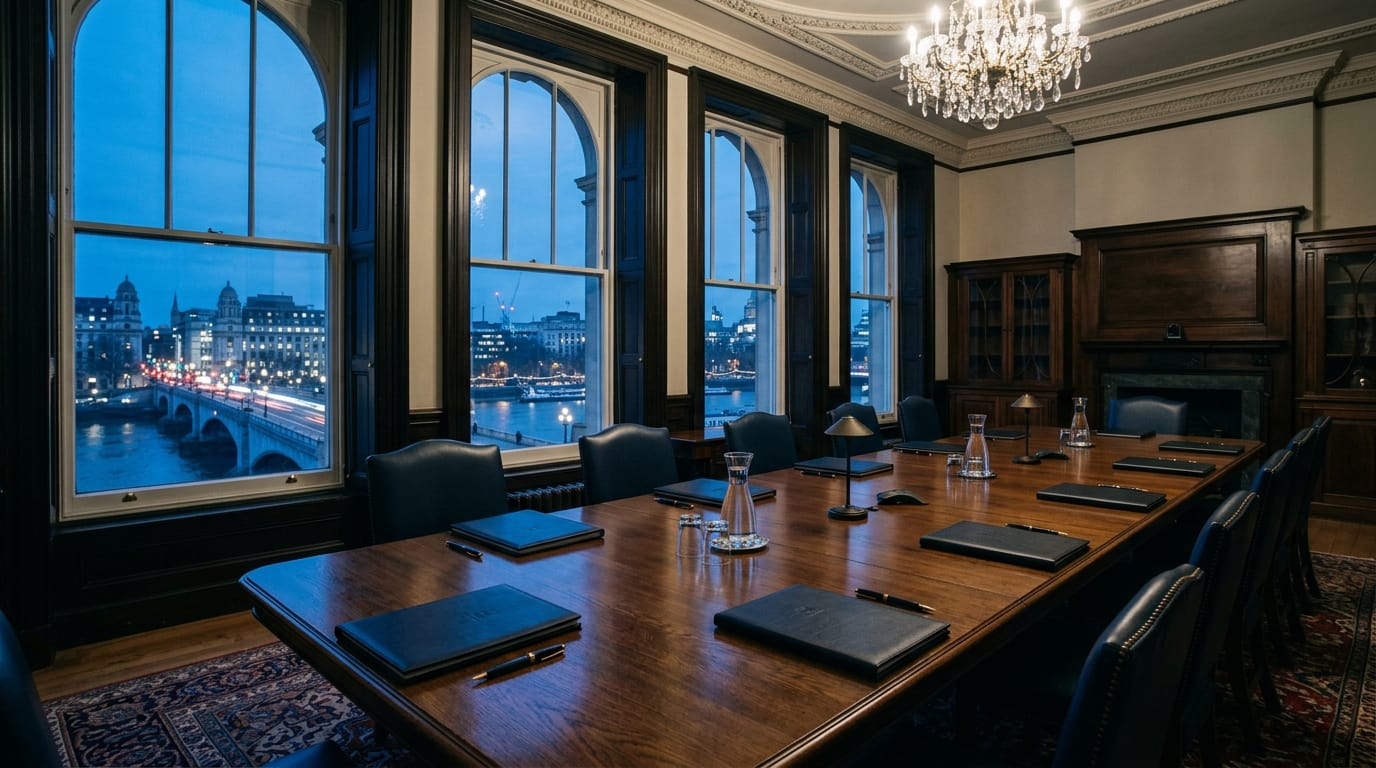 An empty wood-panelled boardroom with a long oak table, folders and a chandelier, tall arched windows overlooking a lit London bridge at dusk