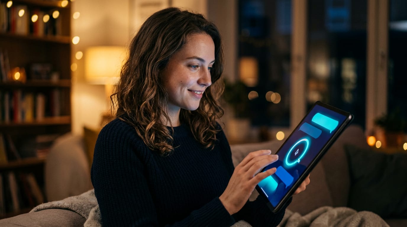 A smiling woman at home in the evening uses a tablet showing a glowing circular progress ring and an abstract conversation interface