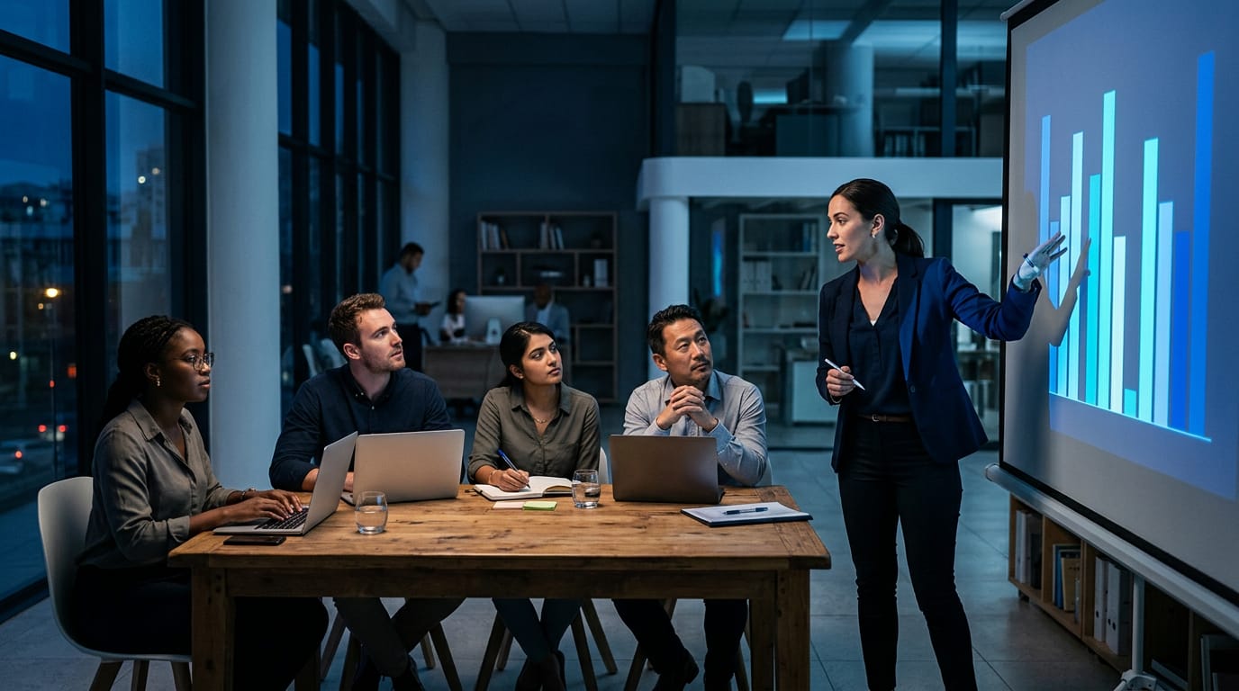 A facilitator stands beside a large screen showing a bar chart while a small team with laptops listens around a table