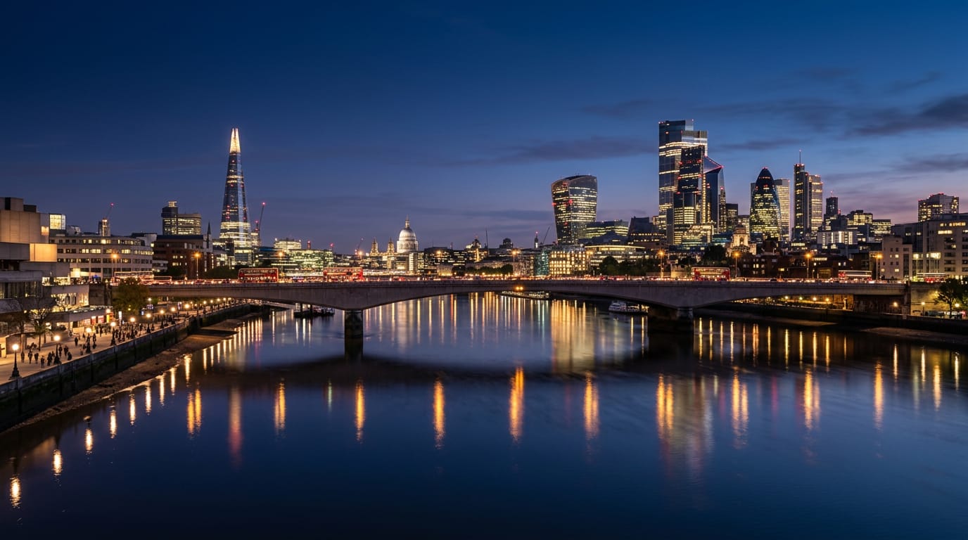 The London skyline along the River Thames at blue hour, with a lit bridge and City towers reflected in calm water