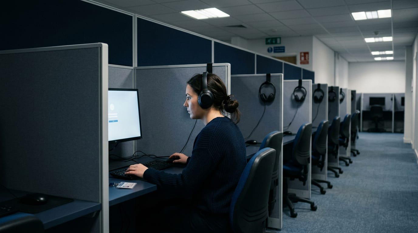 A candidate concentrates at a screen in a quiet certification test centre with a row of partitioned desks, monitors and headphones