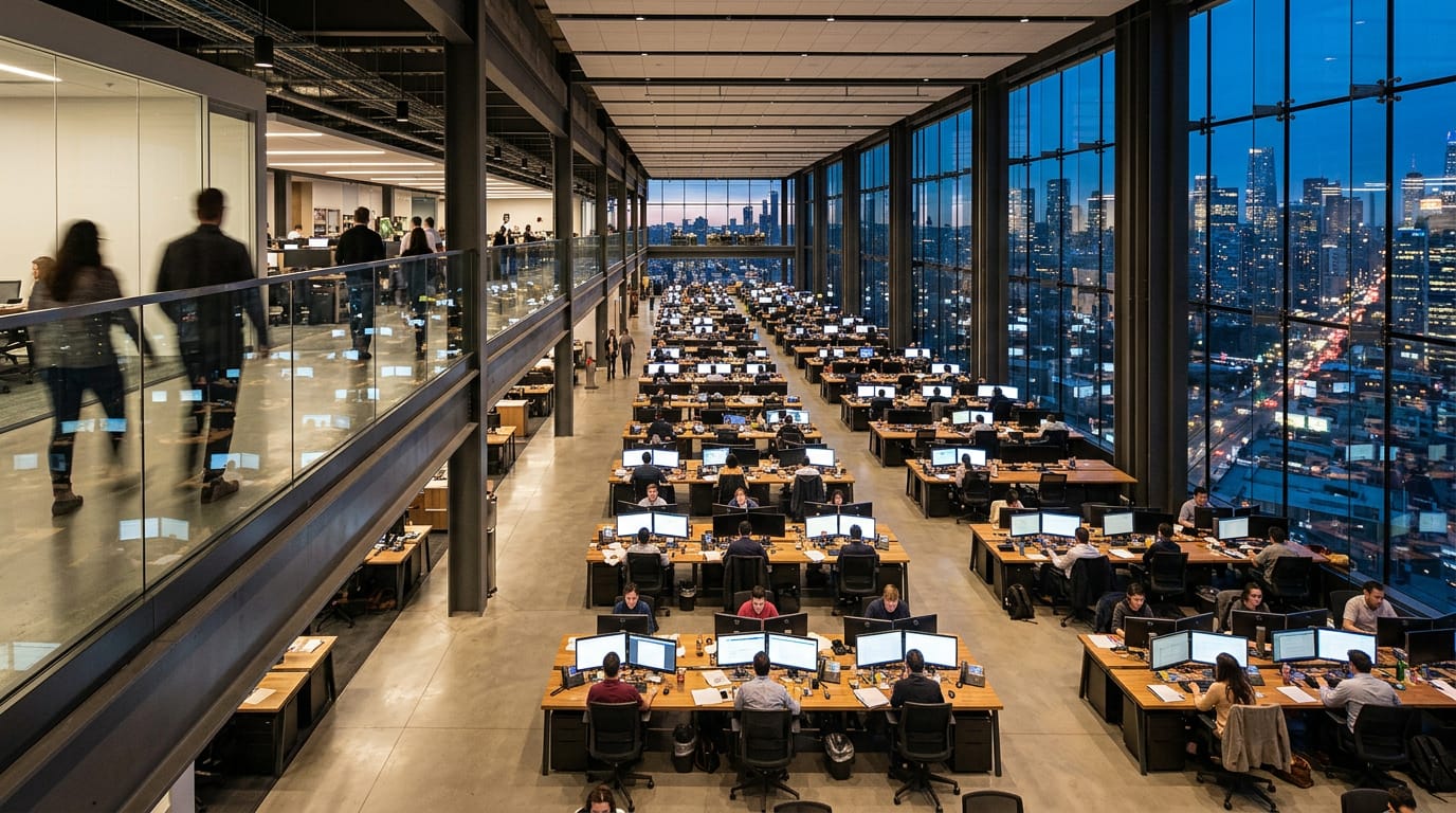 A wide view from a mezzanine over a large open-plan office floor with rows of employees at desks and a city view beyond