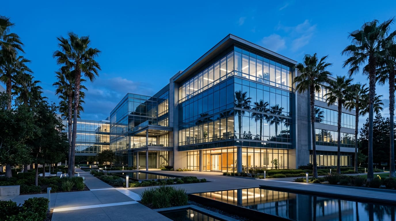 A modern glass office building at blue hour surrounded by palm trees and a reflecting pool