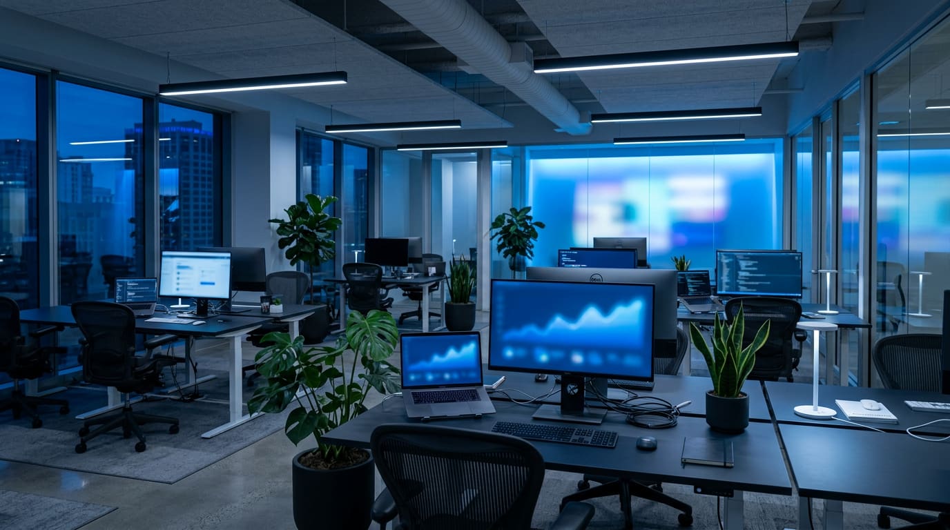 A bright open-plan office at dusk with monitors showing charts, desks with plants and floor-to-ceiling windows