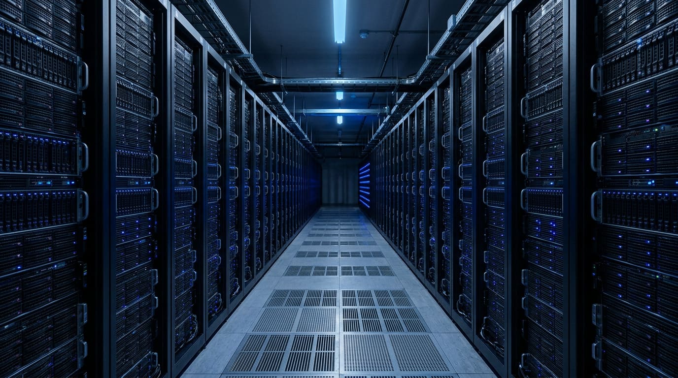 A long data centre aisle lined with server racks glowing with small blue lights over a perforated floor