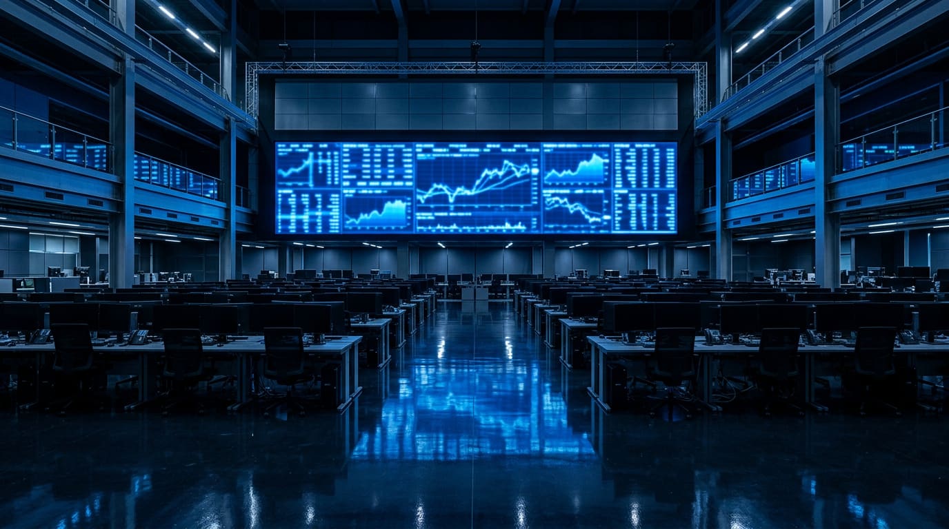 A wide trading floor at night with rows of empty desks below a large wall screen of blue market charts