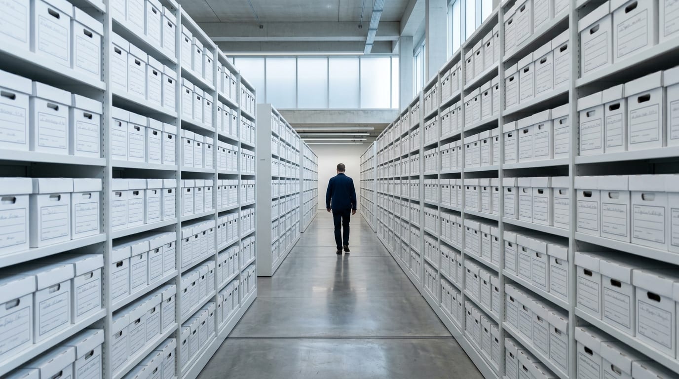A long, orderly archive of white shelves with a person walking between them