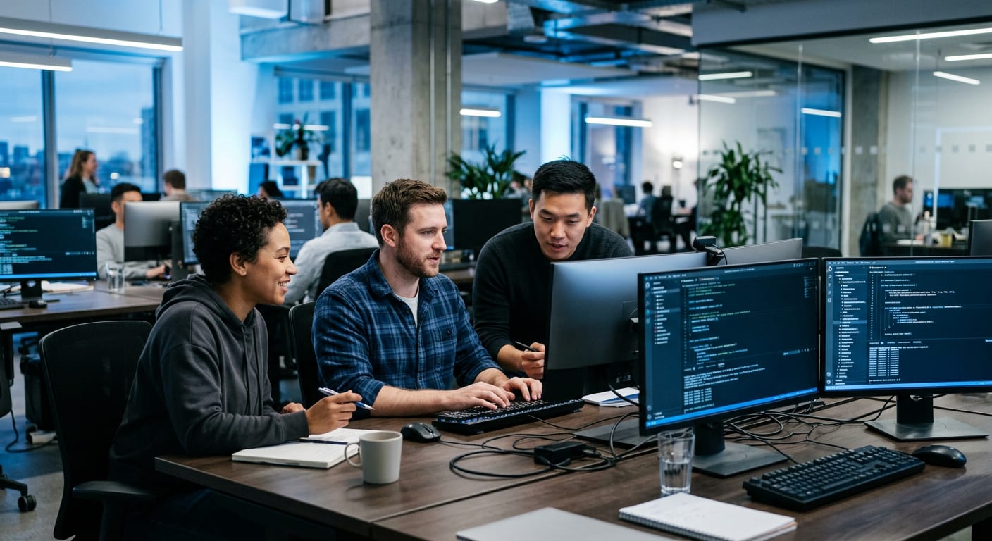 Three developers working together at a desk with several monitors showing code
