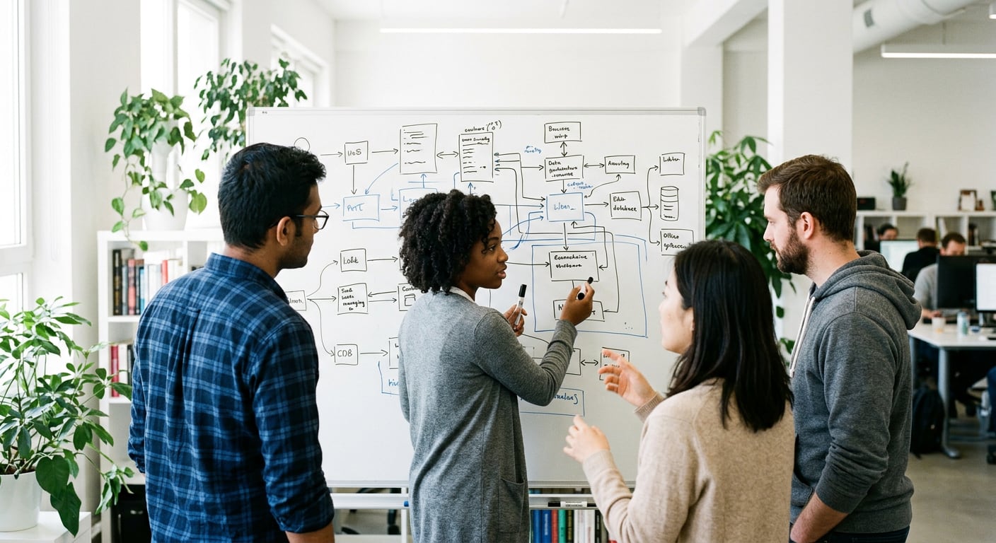 A product team planning at a glass wall covered in sticky notes
