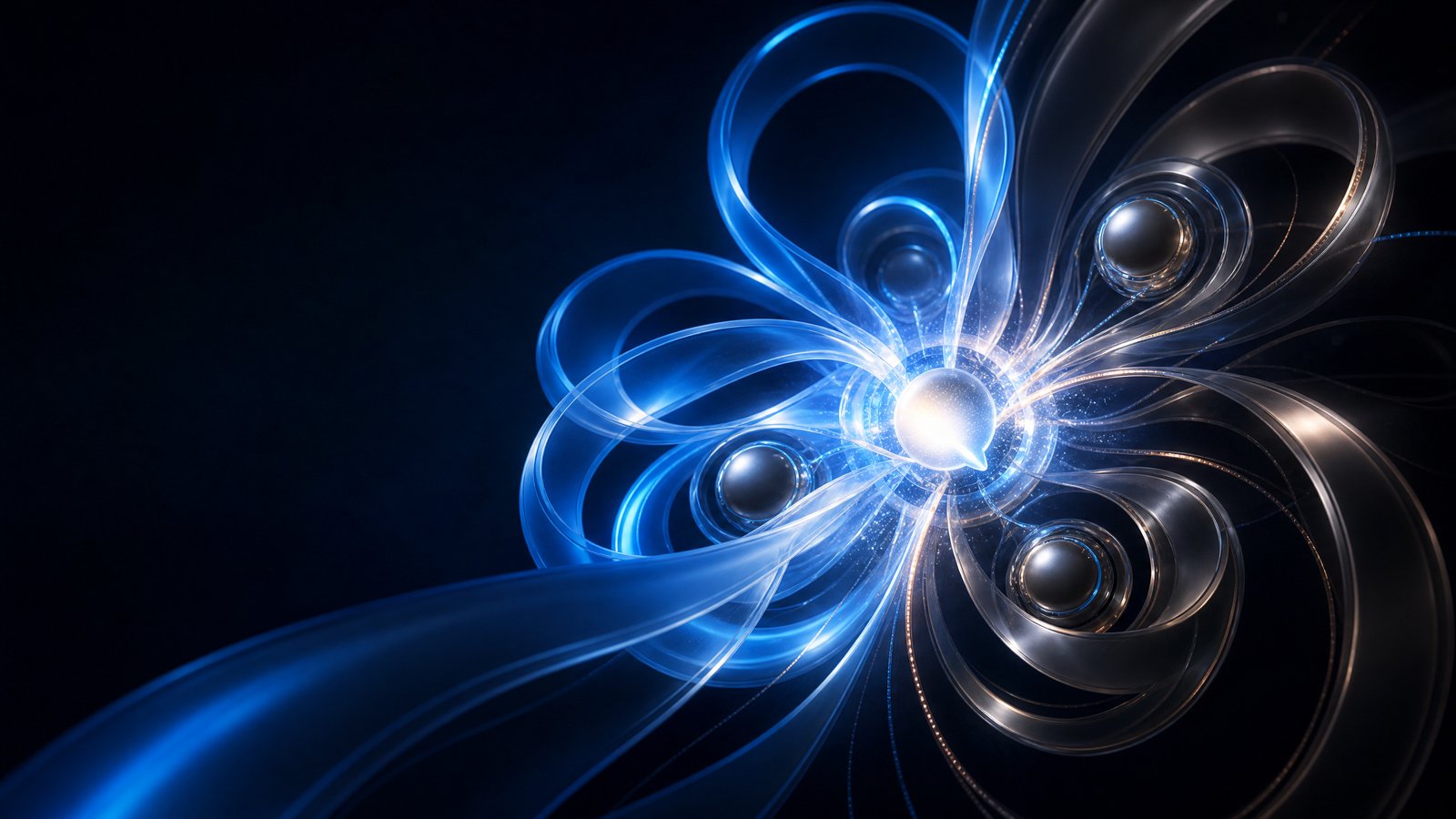 Abstract cloud-blue and graphite enterprise systems joining through a shared bright core