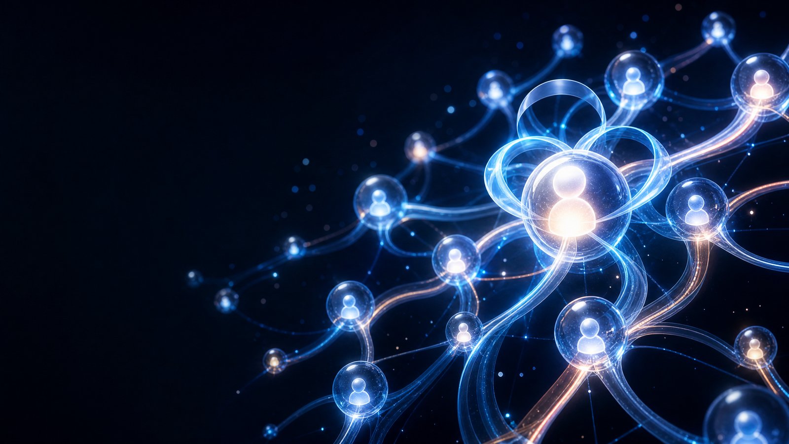 Abstract ecosystem of interconnected autonomous service agents in a dark blue space