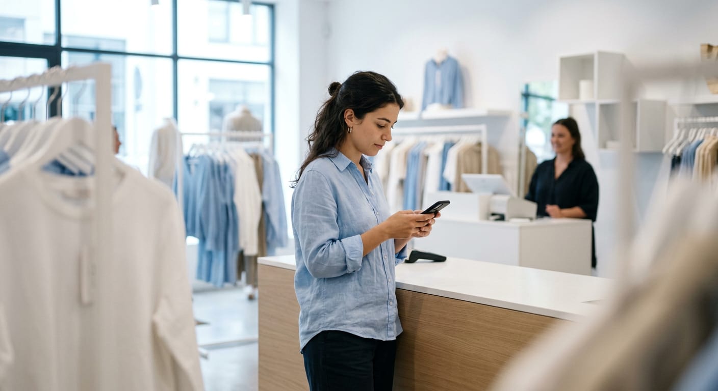 A shopper in a bright clothing store holding a smartphone near the checkout counter
