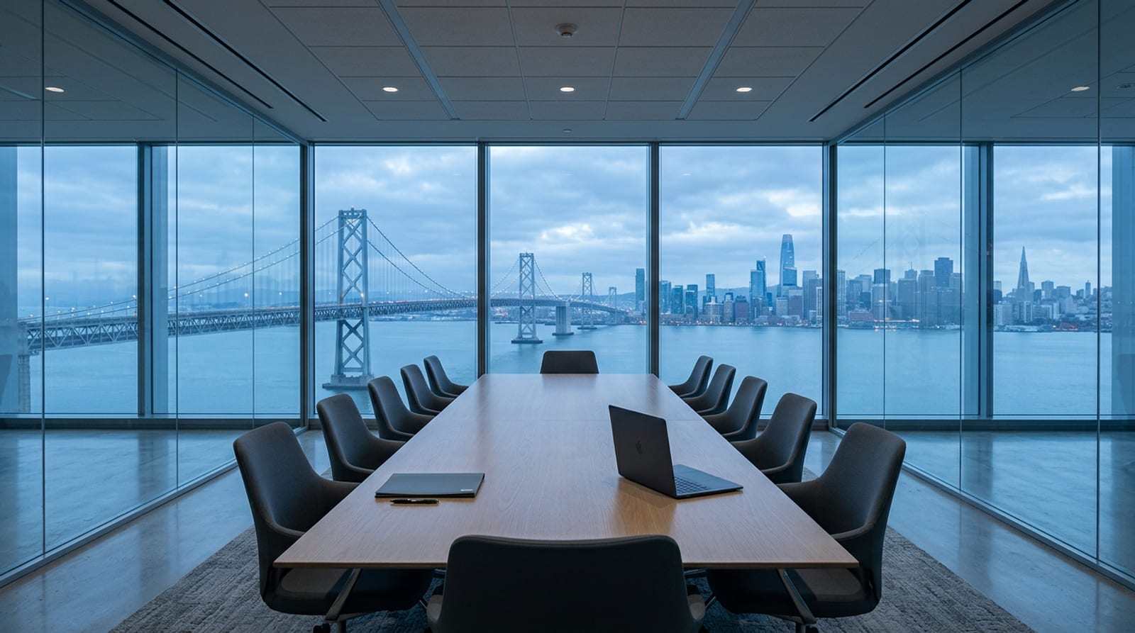 A modern glass-walled boardroom with a long table and chairs, a city skyline visible through the windows