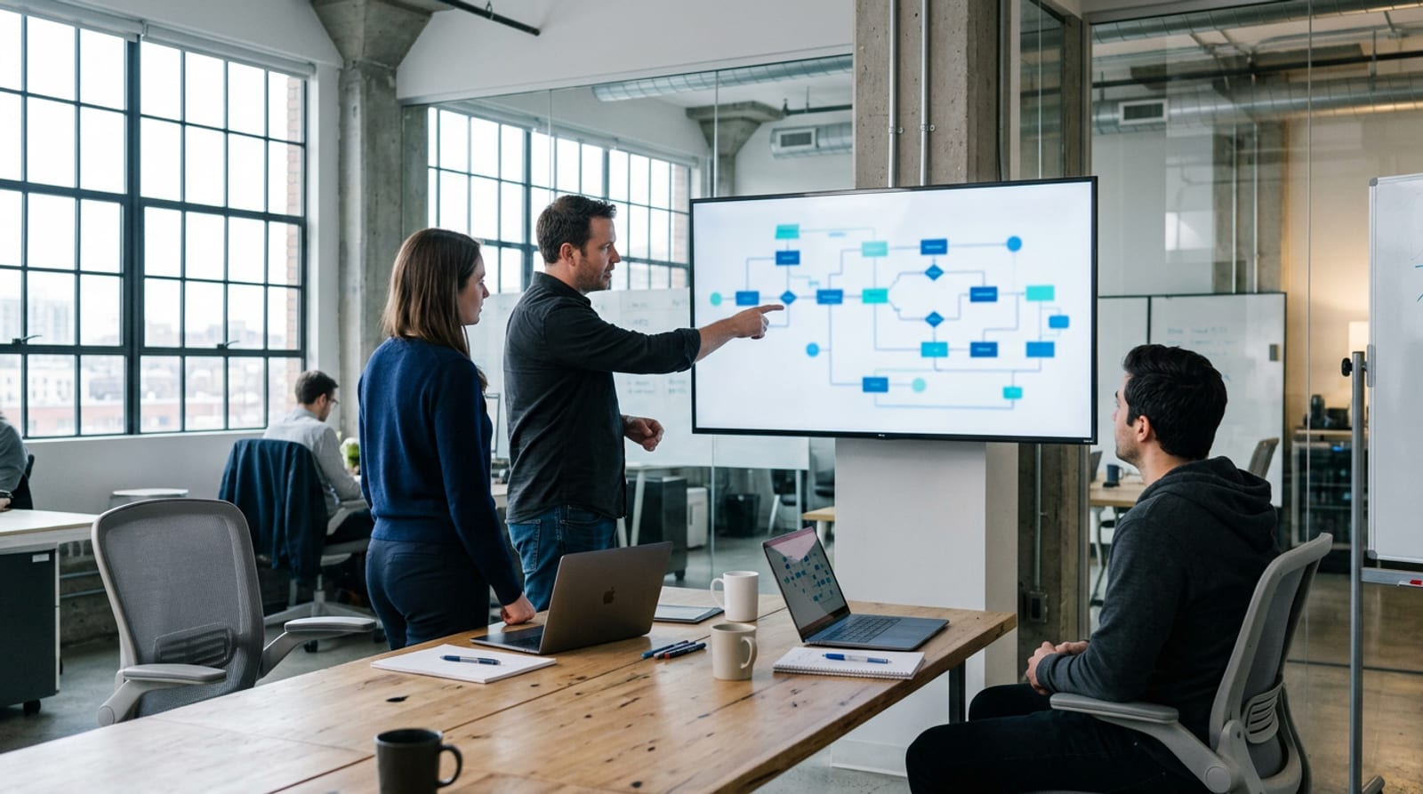 A small team of marketers collaborating around a laptop and a large monitor in a sunlit meeting room