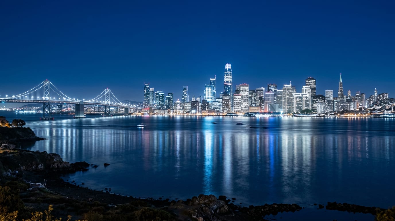 The New York City skyline at dusk seen across the river, office towers lit against a clear blue sky