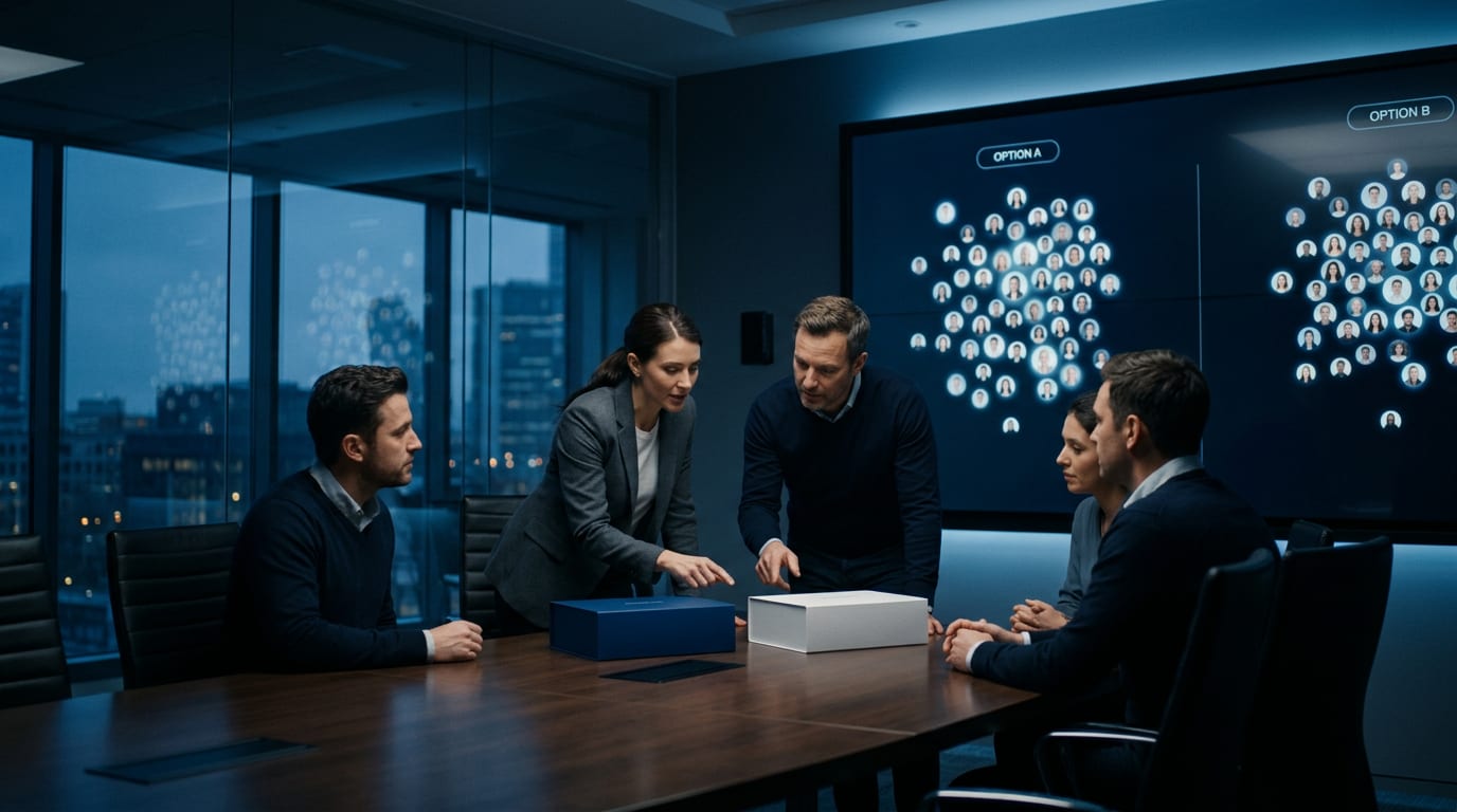 A brand team compares two packaging prototypes in a boardroom while a wall display shows two clusters of simulated respondents