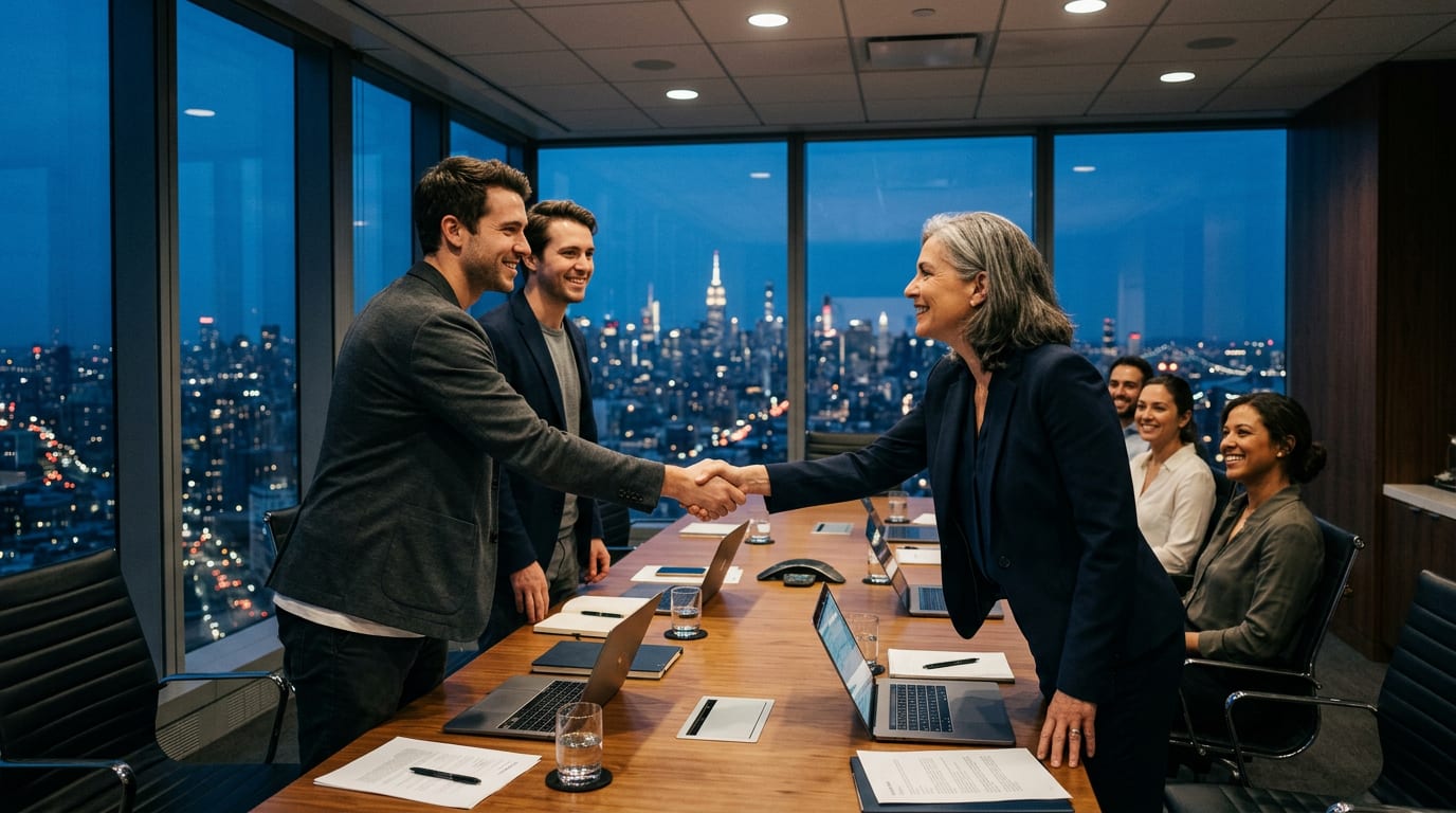 Two young founders shake hands with a senior executive in a glass boardroom above a city at dusk