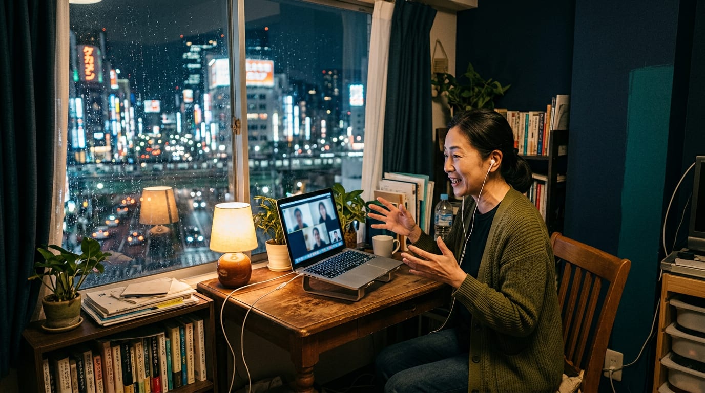 A woman in a Tokyo apartment at night speaks animatedly to a laptop during an online interview
