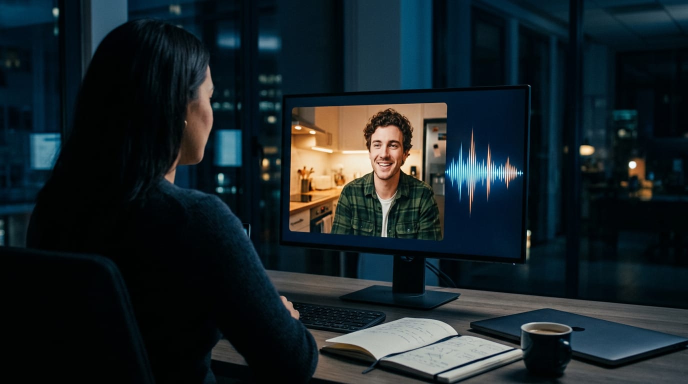 A product manager in a dark office watches a live one-on-one video interview with a customer, his voice shown as a glowing waveform