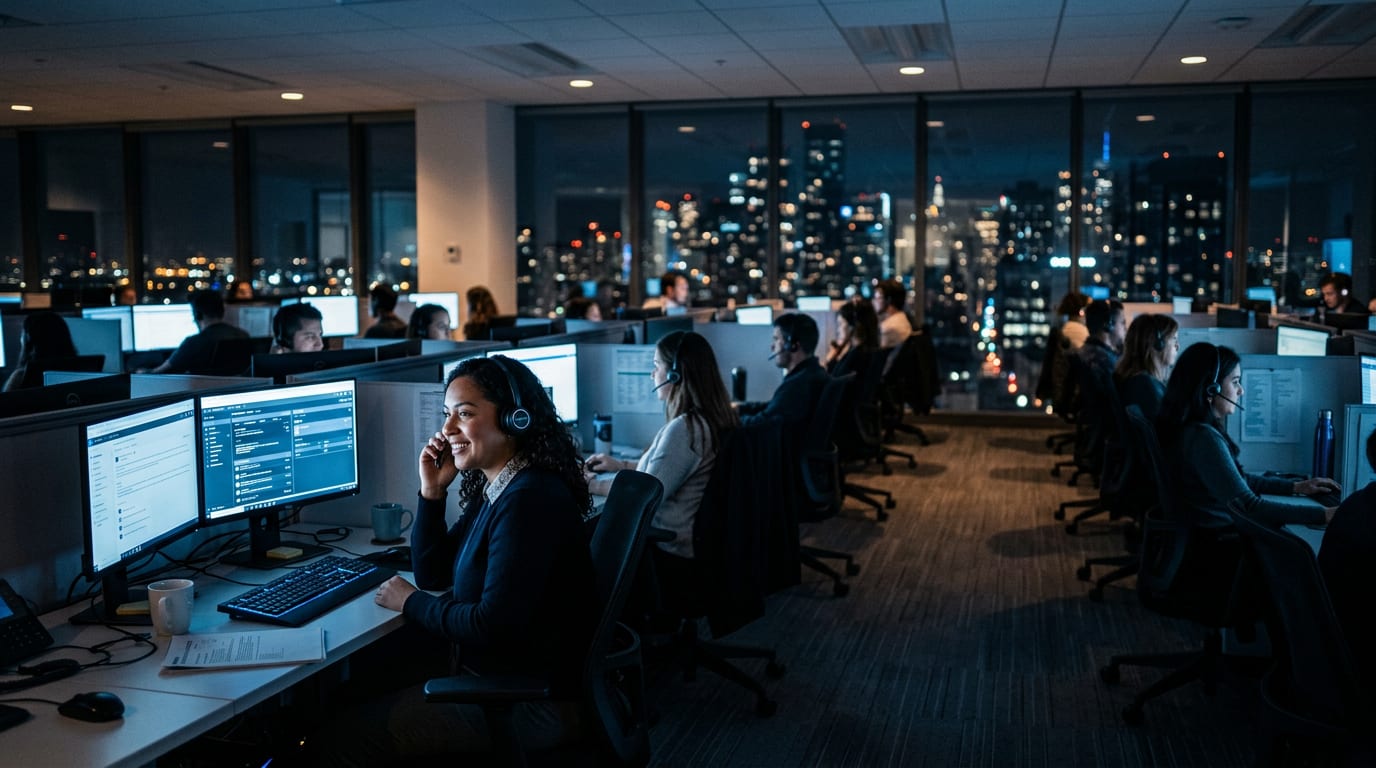 A customer service floor at night with rows of agents in headsets, one smiling as she listens to a customer