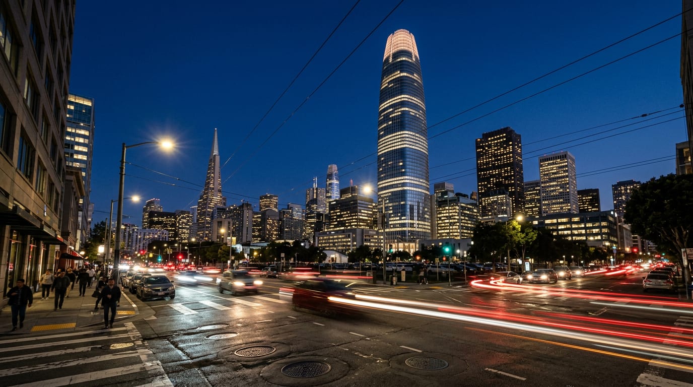 The San Francisco South of Market skyline at blue hour, dominated by a tall tapered glass tower lit at its crown