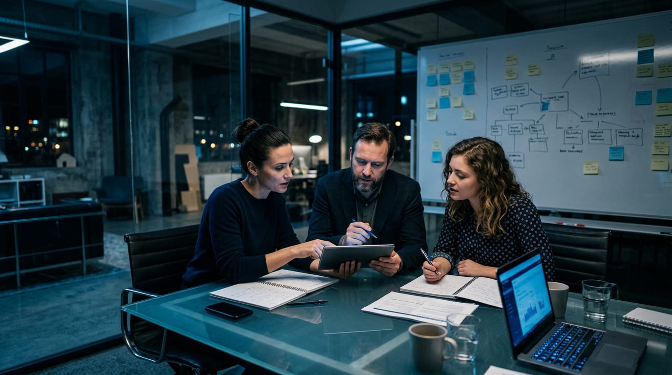 A three-person research team reviews interview guides and a tablet around a glass table in a dim studio