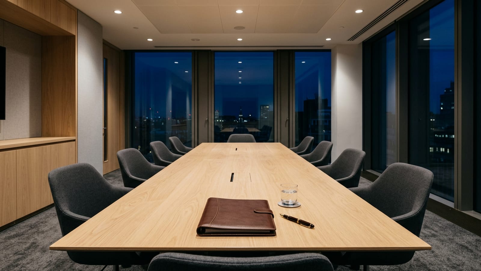 An empty minimalist boardroom at night with a pale oak table, grey chairs, a closed leather folder and a fountain pen