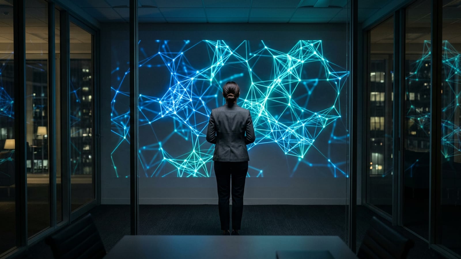 An HR leader seen from behind in a dim glass meeting room looking at a wall display of a glowing blue network graph