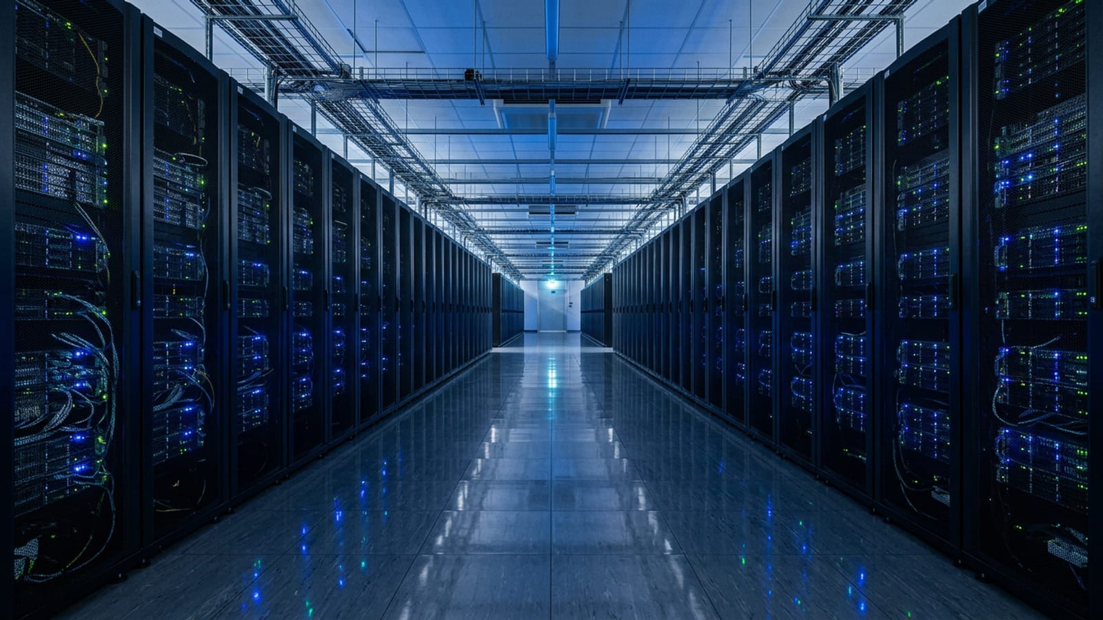 A long aisle in a modern data centre with rows of black server racks lit by tiny blue status lights