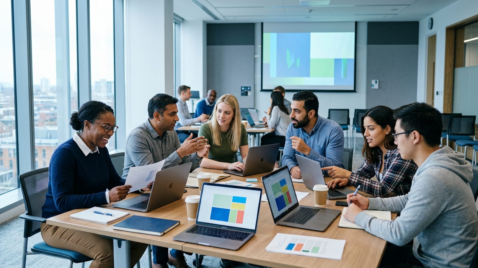 Colleagues in a bright training room working together around a table with laptops during a reskilling workshop