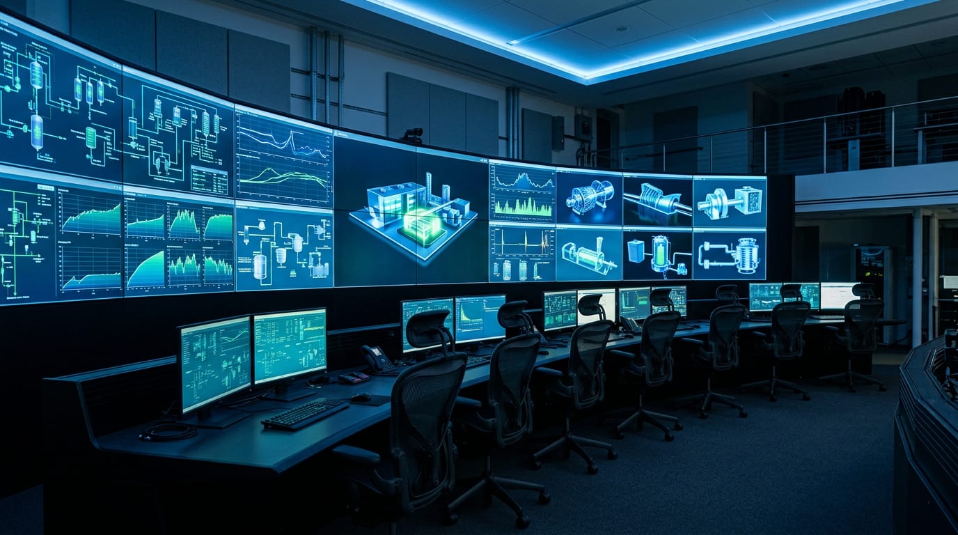 A modern industrial operations control room at night with a curved wall of screens showing plant schematics and 3D machinery models