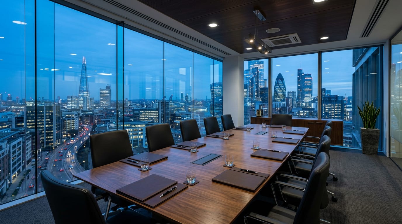 An empty glass-walled boardroom at blue hour with leather chairs around a long table and a lit business district beyond the windows