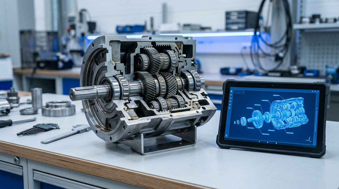 A cut-open precision gearbox on an engineering workbench beside a tablet showing its matching 3D exploded-view model