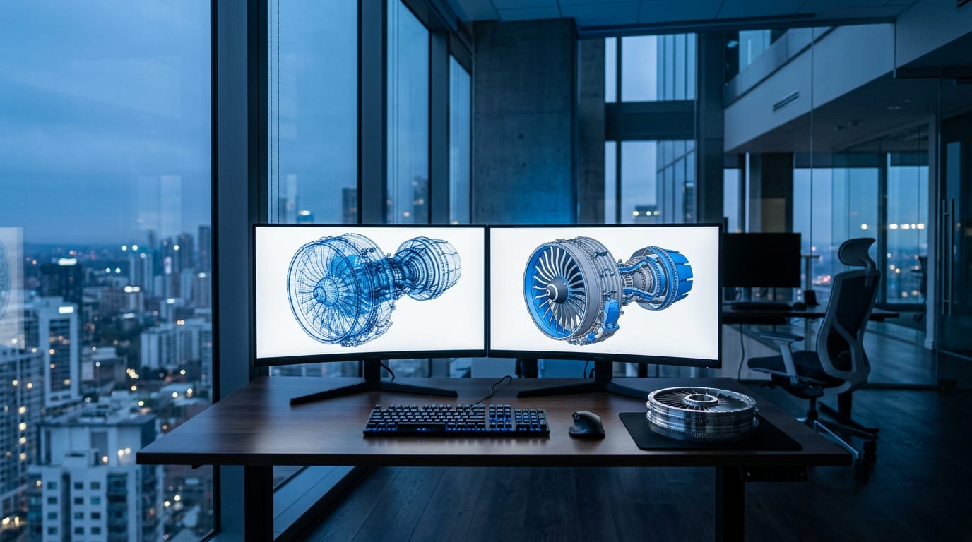 An engineering design studio at dusk with two monitors showing a detailed 3D model of a turbine and a machined metal part on the desk