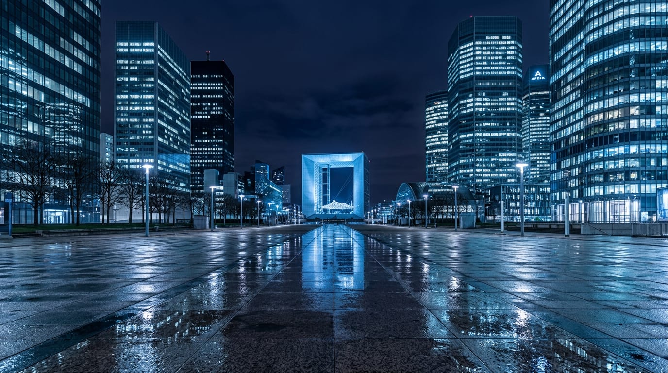 The La Défense business district west of Paris at blue hour with lit glass towers and the Grande Arche reflected in wet pavement