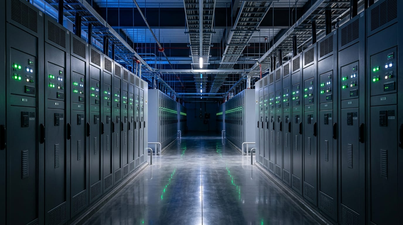 A long aisle of grey electrical switchgear cabinets with small green status lights inside a modern data centre plant room