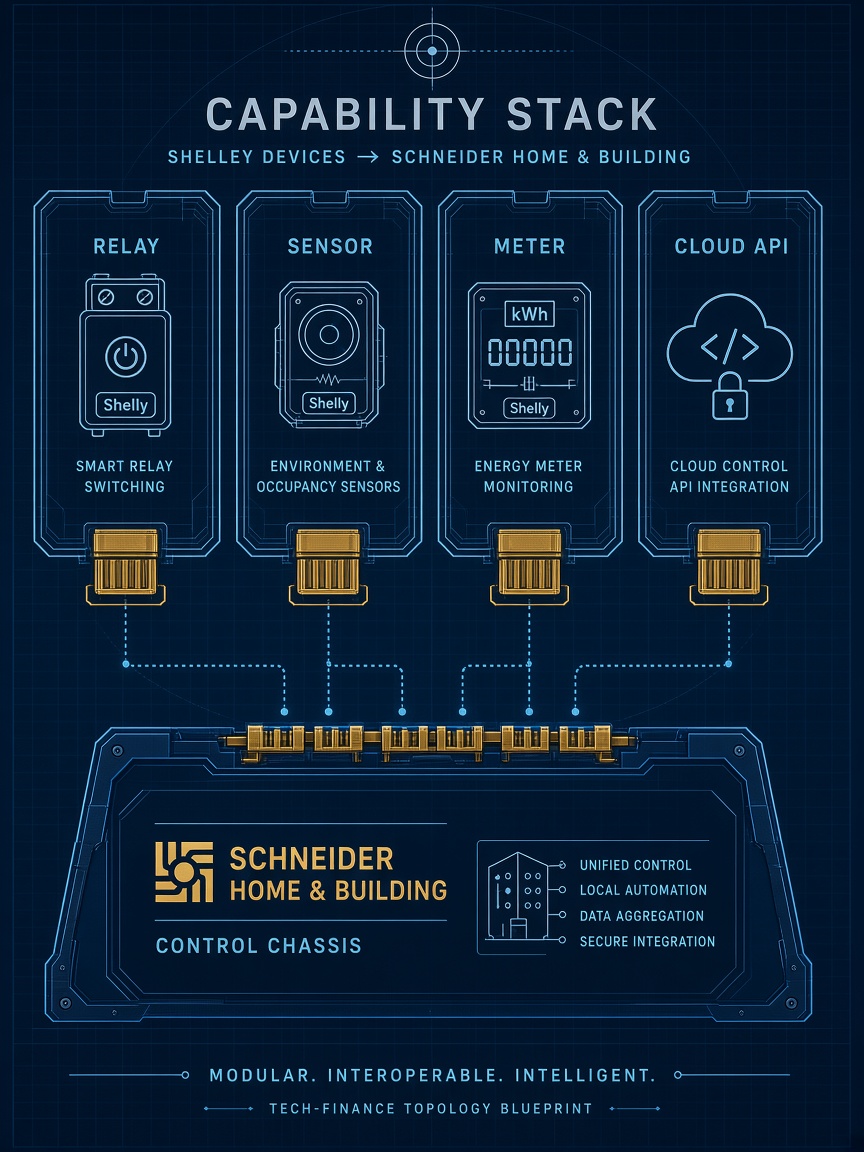 Shelly relay sensor meter and cloud API cartridges docking into Schneider home and building control stack