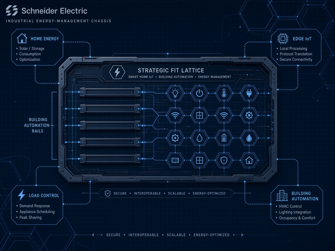 Schneider Electric building-automation chassis with Shelly smart-home IoT nodes for home energy, load control and edge devices docking into shared rails