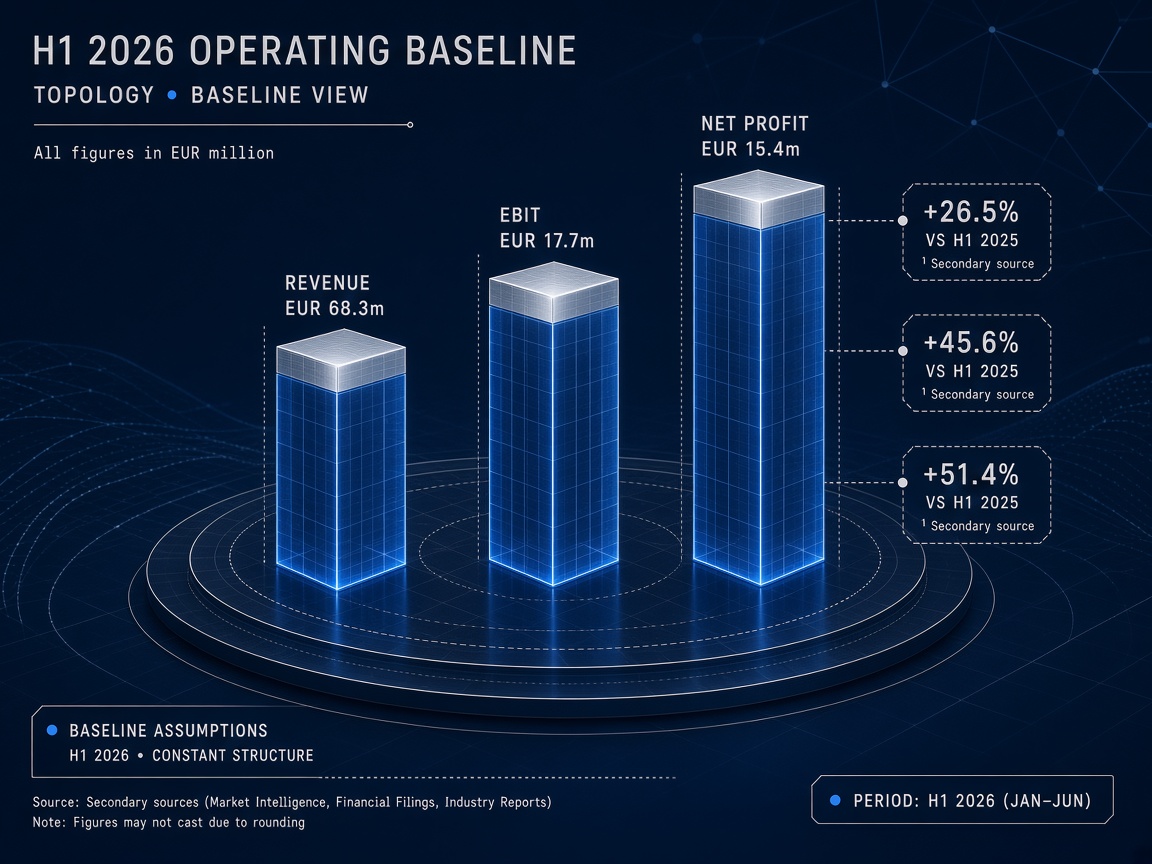 H1 2026 Shelly Group operating baseline diagram with revenue 68.3 million euro EBIT 17.7 million euro and net profit 15.4 million euro growth callouts